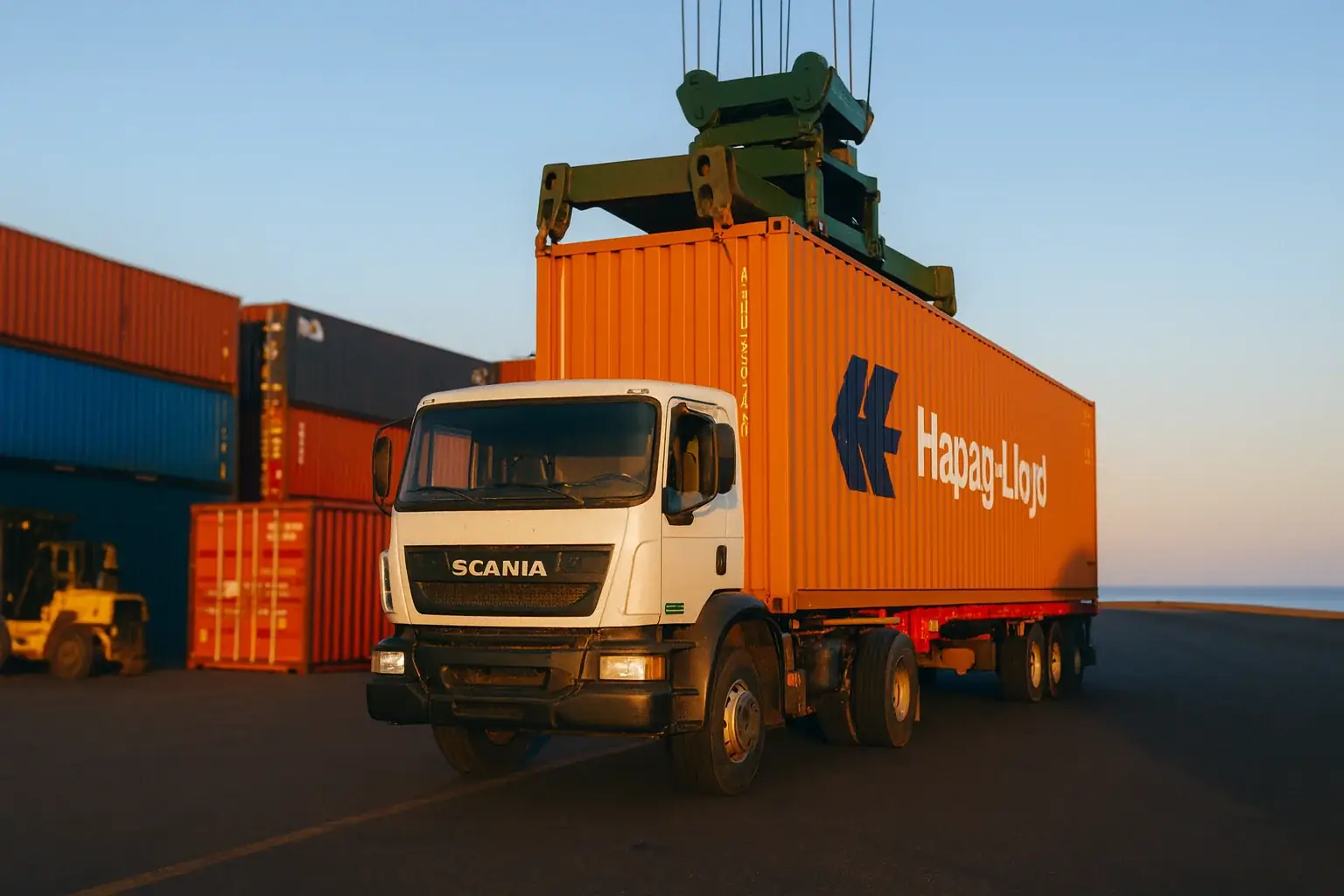 Camión con contenedor en puerto